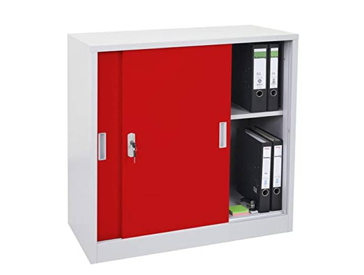 Mendler Aktenschrank Boston HWC-F41 Schiebetüren 90x90x45cm - rot Stahlschrank, Büroschrank, mit abschließbaren