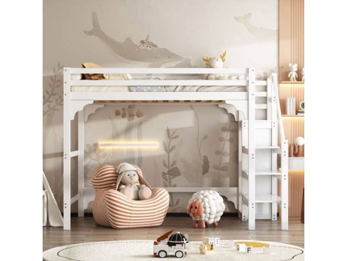 Lit surélevé Lit jeune Lit adulte Lit 140x200cm avec escalier avec armoire lit d'adolescent espace de rangement Blanc