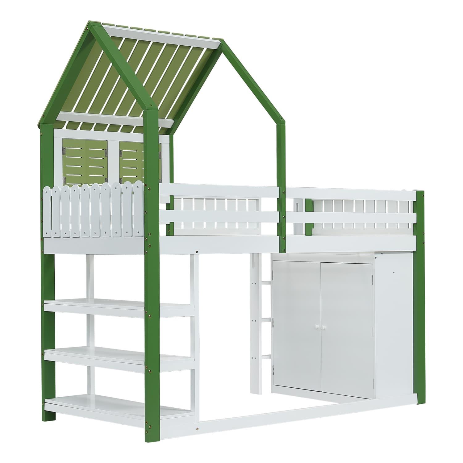 Hochbett,Kinderbett mit Fallschutzgitter,Dach und Fenster,Reichlich Stauraum mit Kleiderschrank,Dreischichtiges offenes Lagerregal,Dreistufige Leiter