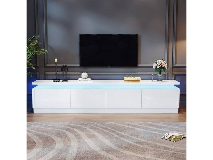Meuble TV blanc laqué avec 4 tiroirs et éclairage LED Bluetooth