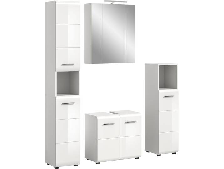 Badezimmer-Set WELLTIME, weiss (weiß hochglanz tiefzieh), B:150cm H:185cm T:30cm, Holzwerkstoff, MDF, Kastenmöbel-Sets, Badezimmer-Set, Bad-Kombination, Bad-Möbel, Badezimmer, Kombination, Kombi
