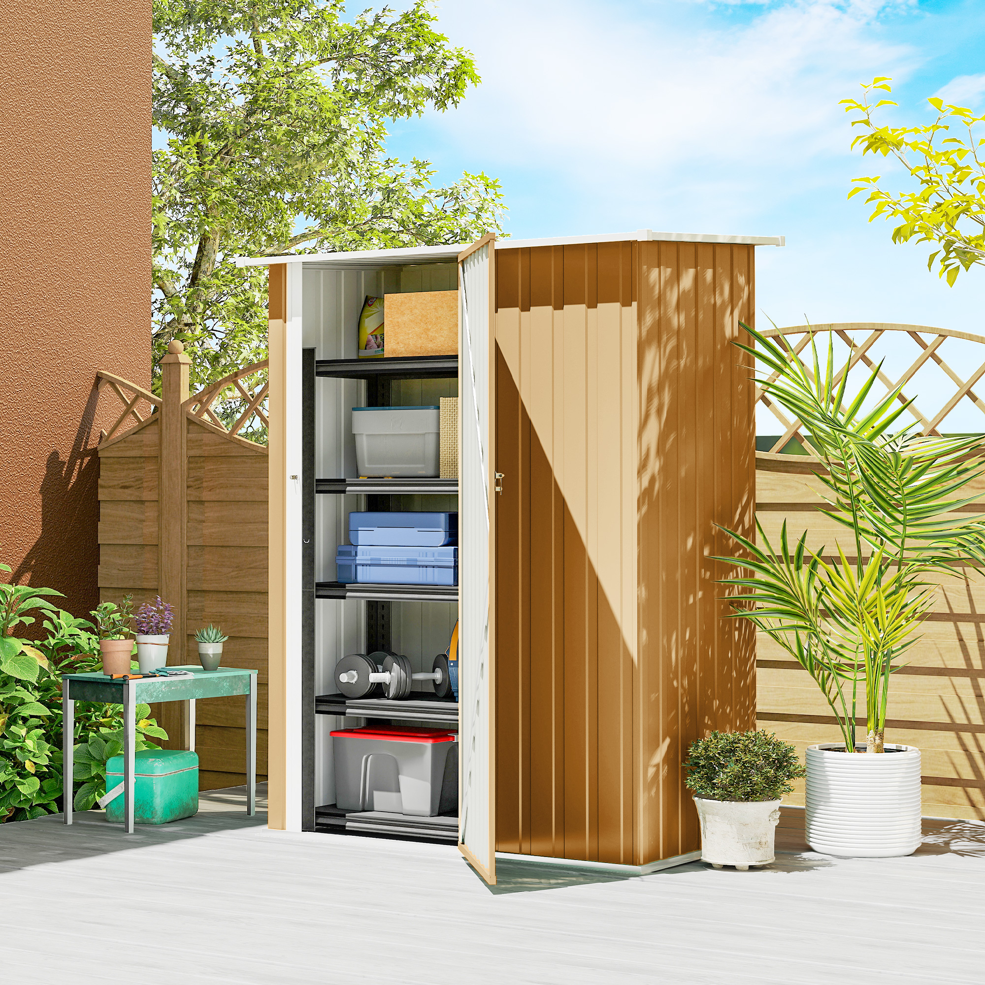 Outsunny Casetta da Giardino con Tetto Inclinato e Porta Bloccabile, Capanno Porta Attrezzi in Metallo, 142x86x189 cm, Giallo   Aosom Italy