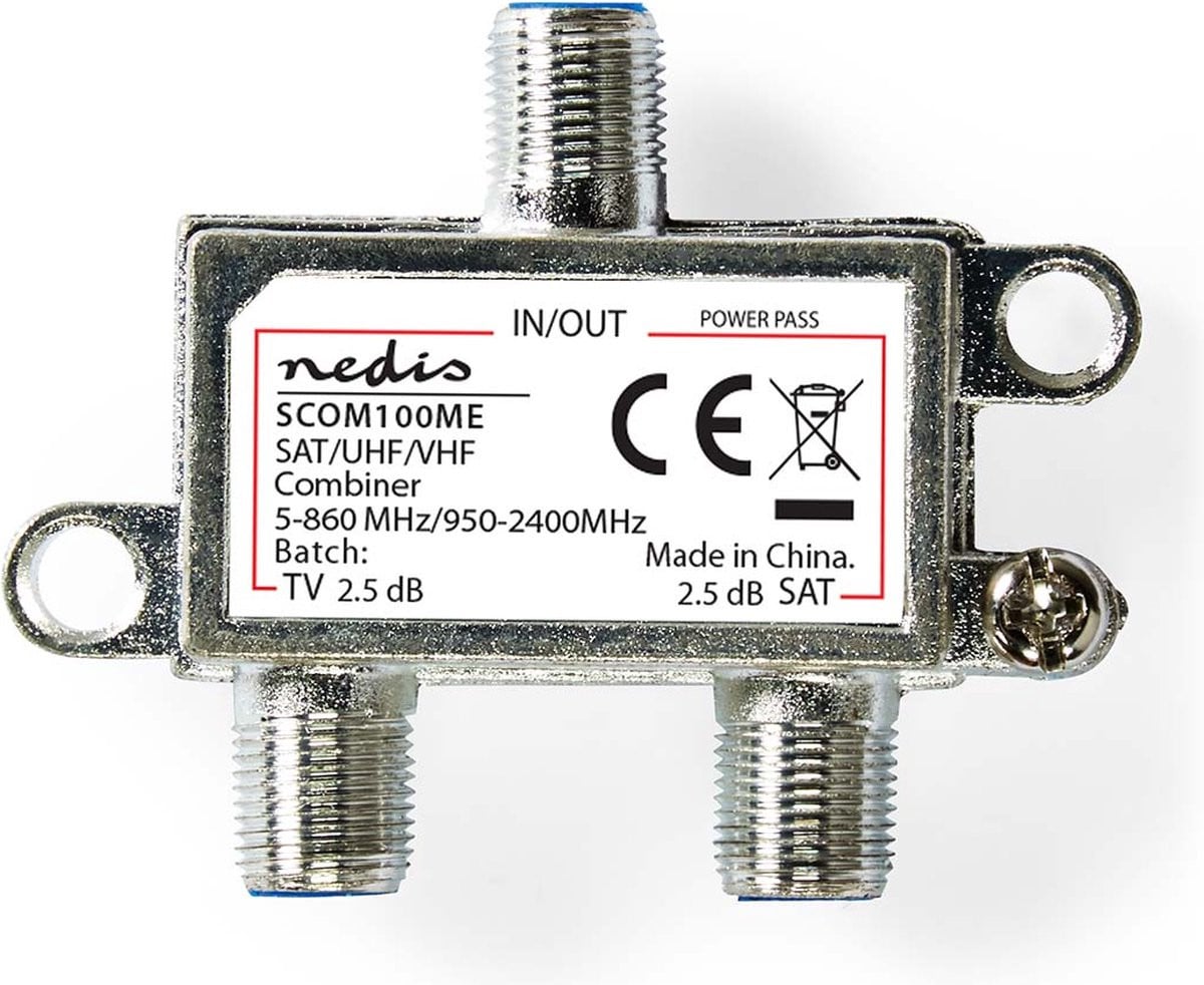 Nedis Satelliet-Combiner 5-862 MHz en 950-2400 MHz 75 Ohm met DC Power Pass Zilver