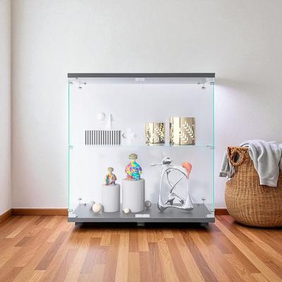 Fundinbaths 2-Tier Glass Display Cabinet with Double Doors and Lock, Tempered Glass Showcase with MDF Base