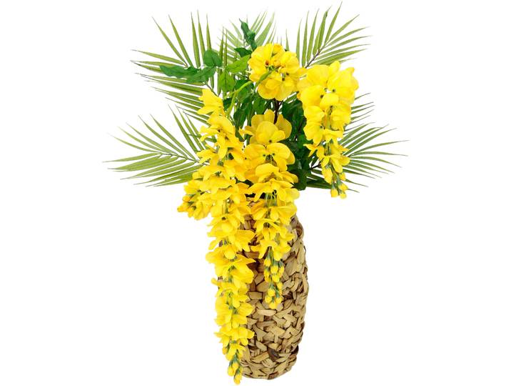Kunstblume I.GE.A. Blumenarrangement Goldregen mit Palmenzweige , gelb, B:45cm H:70cm, Kunstpflanzen, Kunstblume, Vase aus Wasserhyazinthe