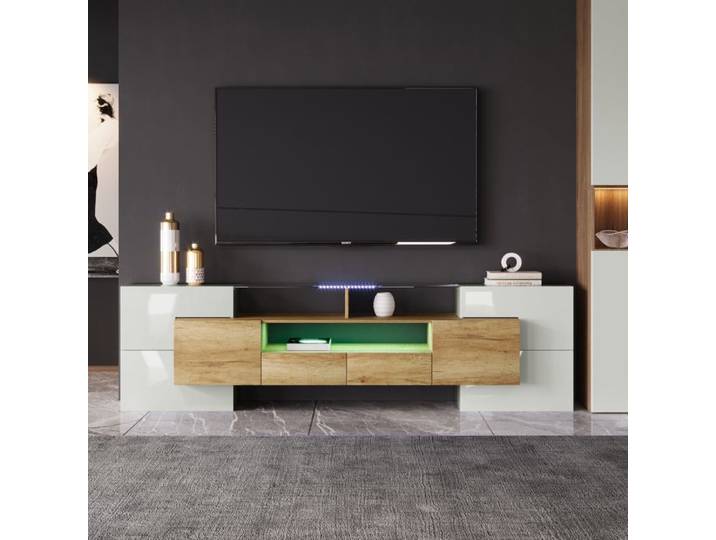 Meuble TV tendance meuble bas de salon avec éclairage LED et plateau en verre Natural
