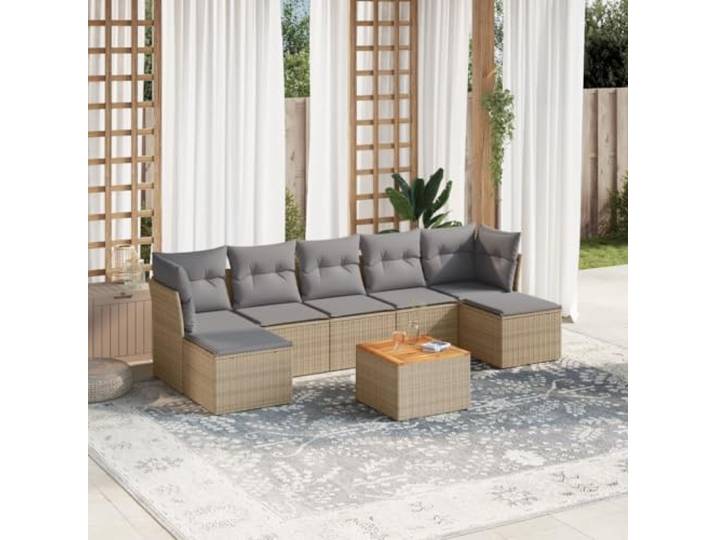 8 tlg. Rattan-PE Gartensitzgarnitur, beige gemischt, mit Kissen und Abstellfach, Tisch Akazie Tischplatte, modulares Sofa Terrassenhocker