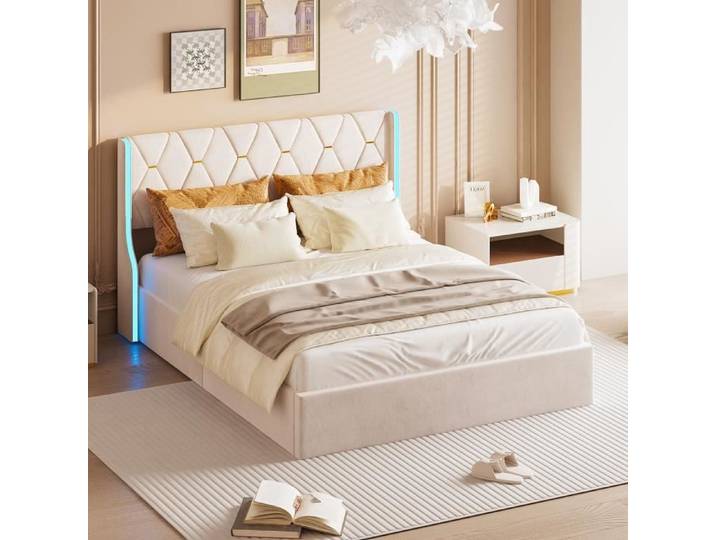 Lit Coffre - DREAMMESPACE - 160x200cm - Tête de Lit avec LED - Rembourré - Beige