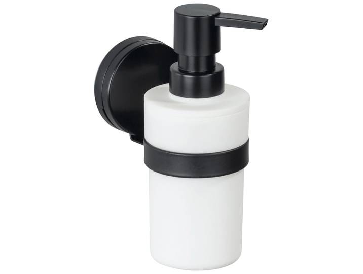 Seifenspender WENKO Pavia , schwarz (schwarz, weiß), B:6,5cm H:16cm L:9,5cm, Kunststoff, Polypropylen, Dosierspender, Seifenspender, Befestigen ohne bohren, Füllmenge: 220 ml