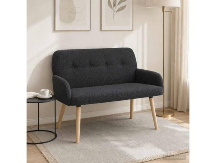 2-Sitzer Sofa mit Massivholzbeinen Dunkelgrau Bouclé 100 % Polyester-Bouclé,Knopfheftung,Armlehnen,Schaumstoffpolsterung,Kautschukholzbeine,innen