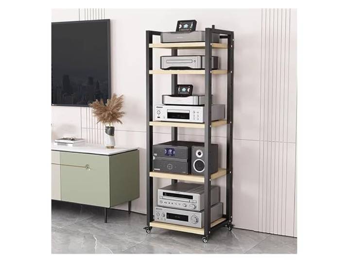ASerZenith Verstellbares mobiles Stereo-Regal mit Rollen, 5–8 Ebenen, Multimedia-Audio-Video-Regal für kleine Räume, perfekt für Wohnzimmer, Unterhaltungskomponenten, Schwarz, #1–5 Ebenen, 60 cm breit
