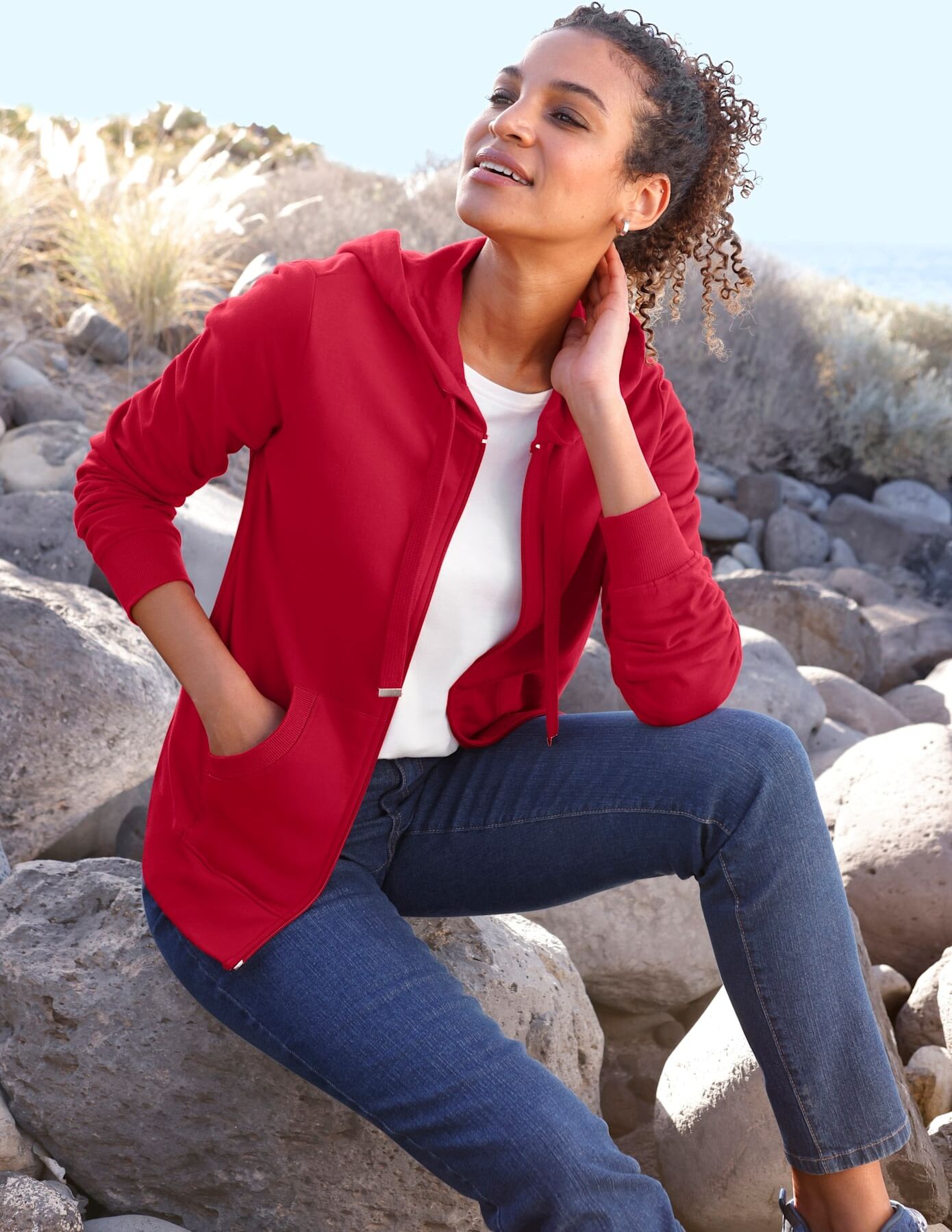 Shirtjacke CASUAL LOOKS "Sweatjacke", Damen, Gr. 52, rot, 100% Baumwolle, unifarben, Shirts Shirtjacke rot 52