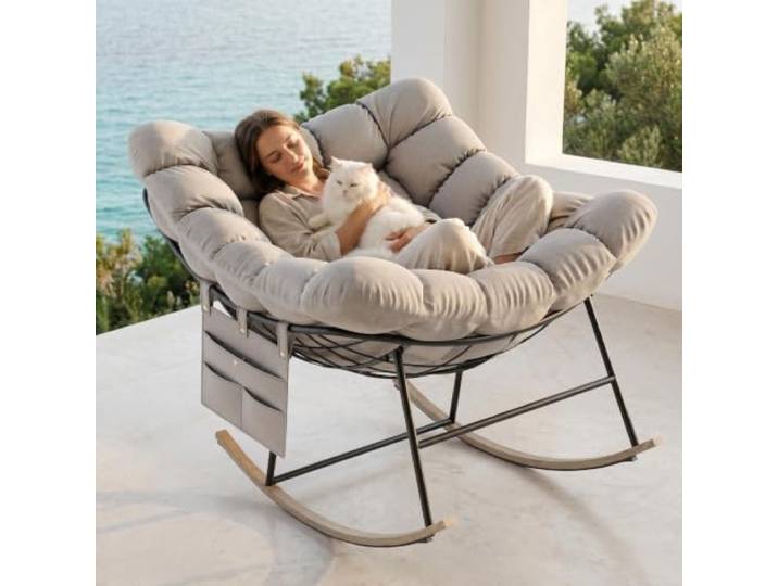 Schaukelstuhl Outdoor mit Rattan und Aufbewahrungstasche, Belastung 150 kg Lounge Schaukelstuhl Oversized mit Dickem Abnehmbar Polster, Schaukelsessel für Garten, Balkon, Wohnzimmer - Beige