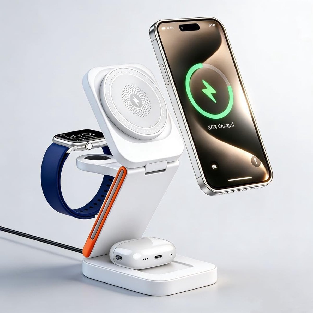 Draadloze 3-in-1 oplader 15W, opvouwbaar snellaadstation voor iPhone, Apple Watch en AirPods, wit