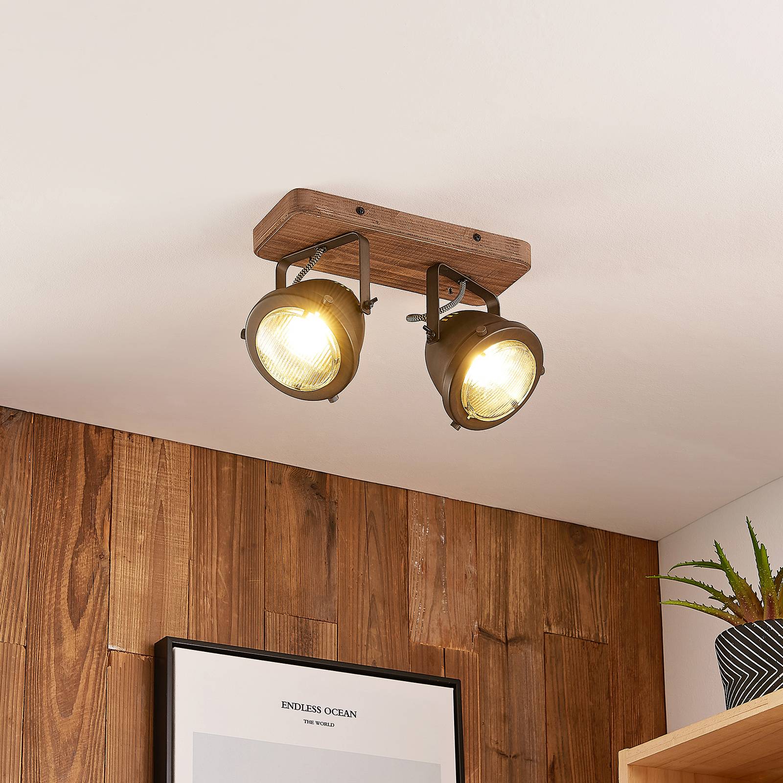 Lindby Farovi downlight, black, 27 cm, 2-bulb, GU10 Lindby, dimmable, Black, Living / Dining Room, Wood, Industrial Design, Ceiling Light