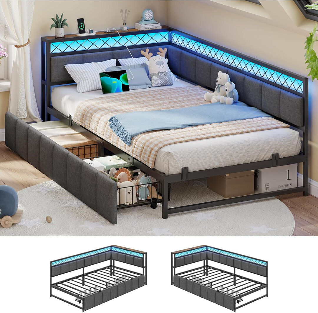 Brayden Studio Bed Frame with Charging Station, Day Bed with 2 Storage Drawers & LED Lighting Grey Single (3')