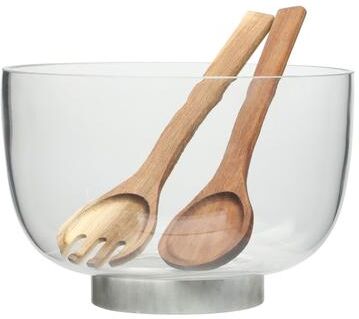 Gibson Elite Wildgreens Large Glass Salad Bowl Set with Marble Base and Acacia Serving Utensils