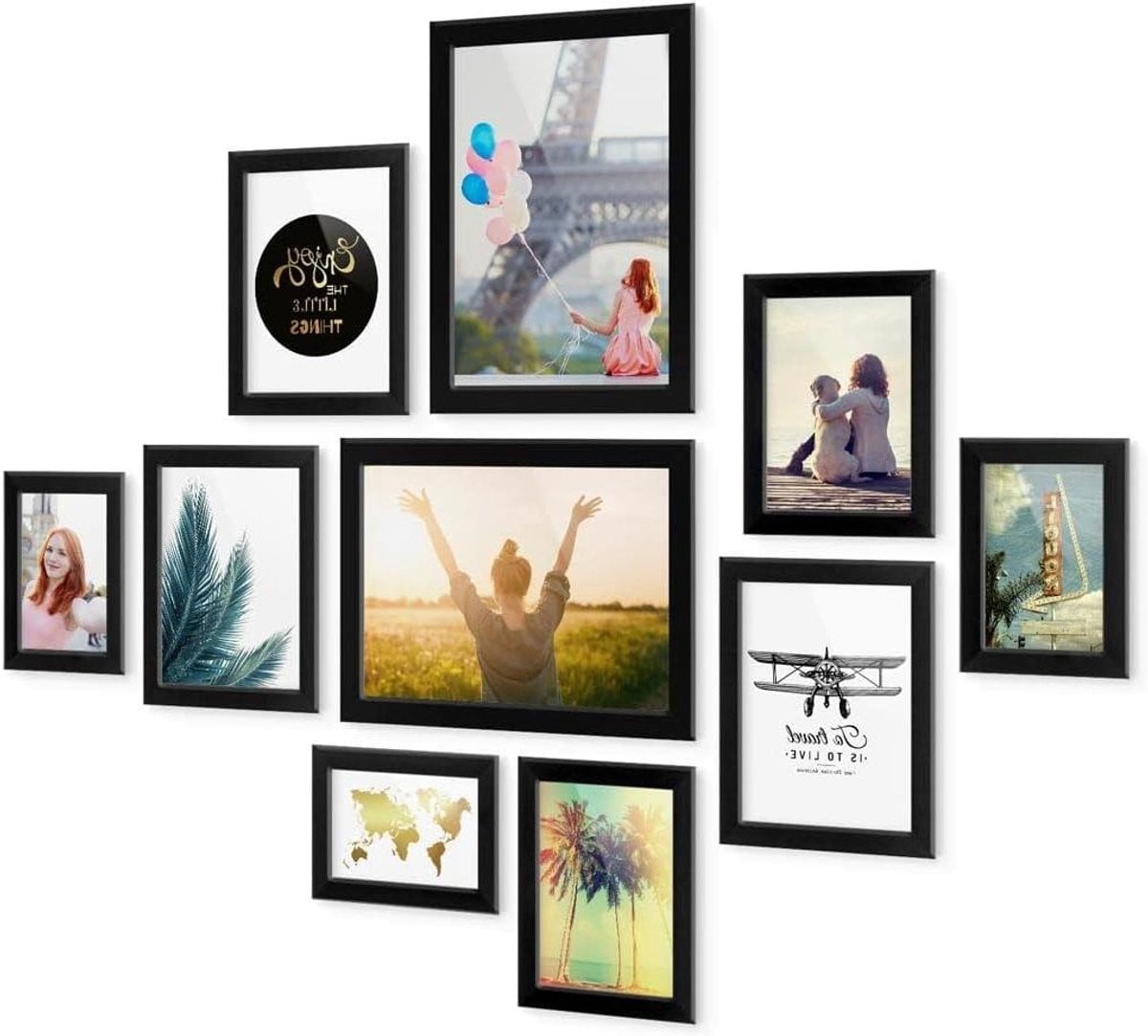 Set van 10 zwarte fotolijsten voor muurdecoratie inclusief hulpmiddelen