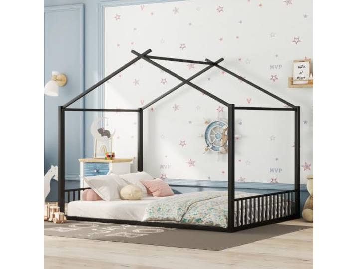 Ropilly Kinderbett Hausform 140x200 Metallbett Schwarz für Kinderzimmer und Jugendzimmer