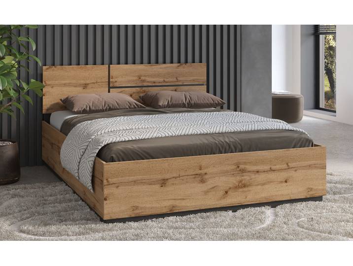Bett GOODPRODUCT Cross, moderner Bettrahmen , braun (wotan eiche, wotan eiche, schwarz, wotan eiche), B:164cm H:91cm L:205cm, Betten, Bett, Doppelbett in zwei Grössen, stabiles Bettgestell