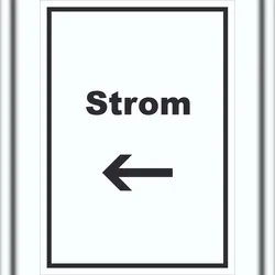 HB-Druck Strom Schild mit Text und Richtungspfeil links Anschluss hochkant A6 (105x148mm)
