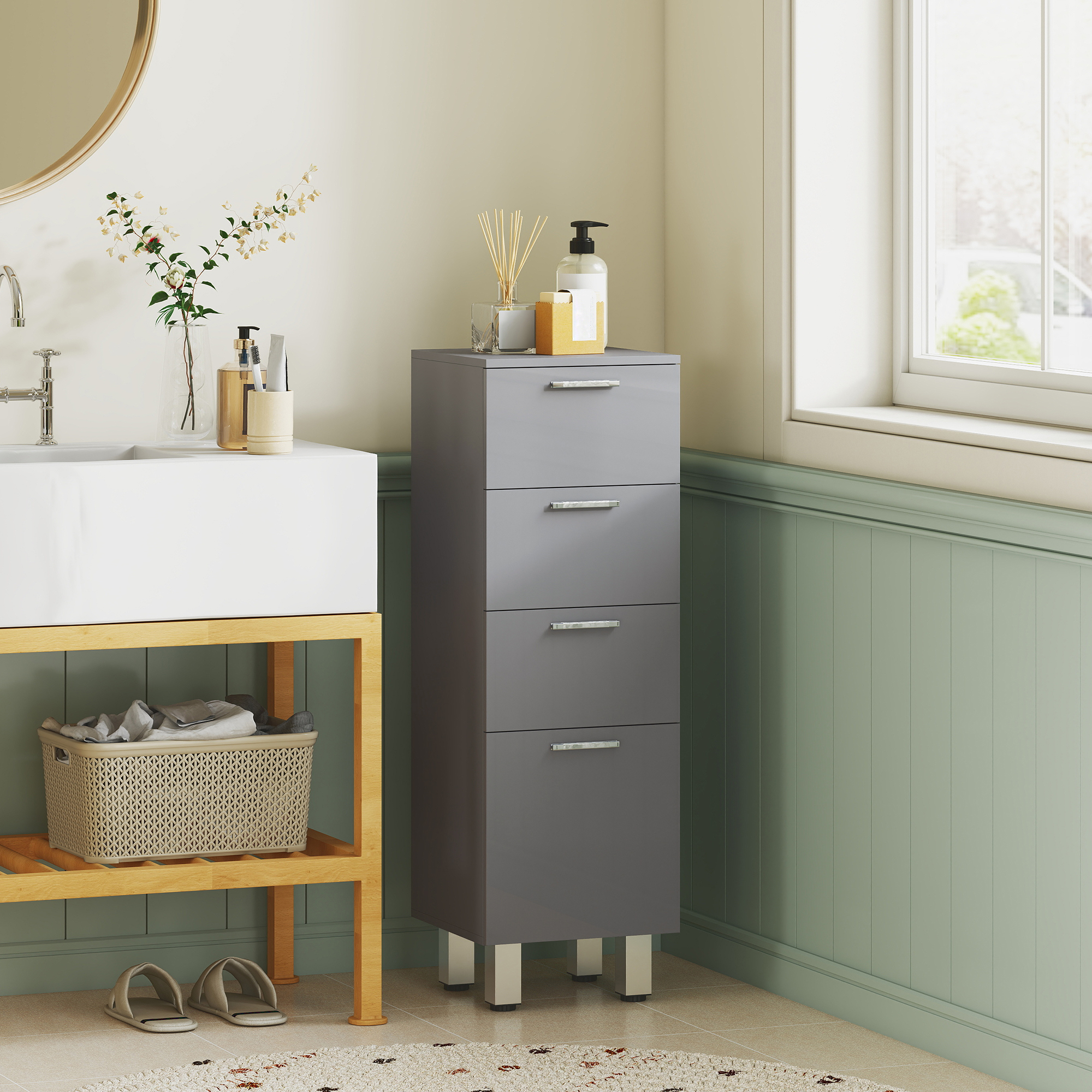 Kleankin Mobile da Bagno Armadietto con 4 Cassetti, Pannello Truciolare e Piedini Regolabili, Grigio   Aosom Italy