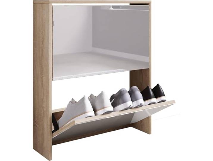 VCM Schuhschrank Honig-Eiche 63x17x73 cm 2 Türen 2 Fächer Holzwerkstoff Schafft Übersicht über die gesamte Schuhsammlung - im Flur - für Familien - mit Spiegel, platzsparend im Design