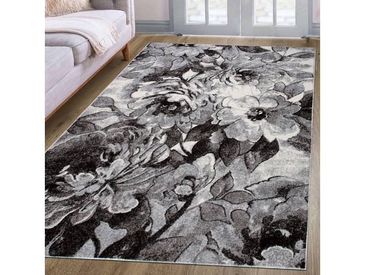 Teppich GOODPRODUCT Almrose Gr. 2, grau, B:80cm H:9mm L:150cm, Kunstfaser, Teppiche, Teppich, mit besonders weichem Flor, Blumen Muster, florales Design, Kurzflor