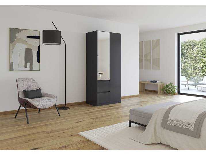Drehtürenschrank Mainz 91cm Grau/Graumetallic Comfort mit Spiegeltür/-en