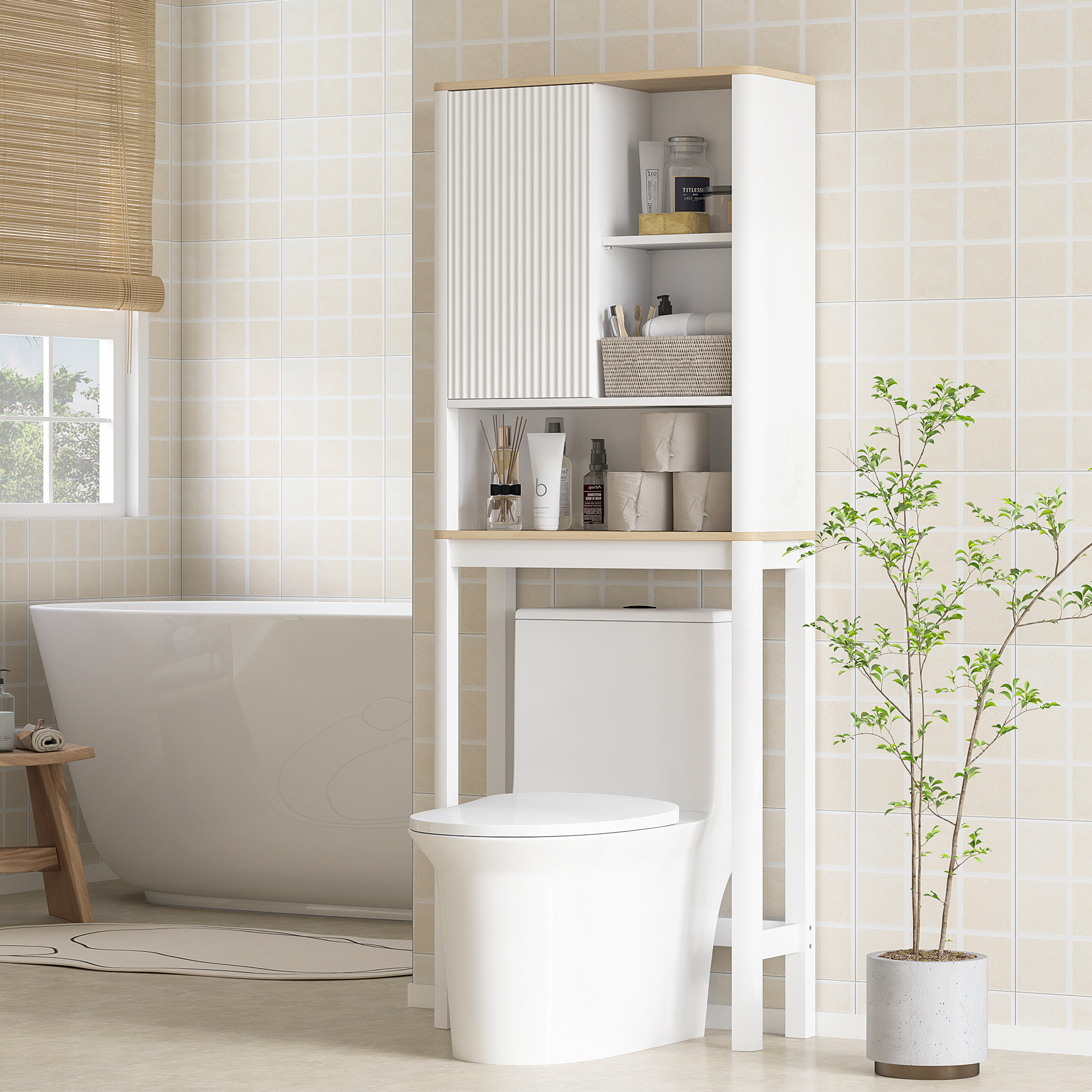 Homcom Mobile Sopra WC con Porta a Doghe, Scomparti e Ripiano Regolabile, 65x25x170 cm, Bianco   Aosom Italy