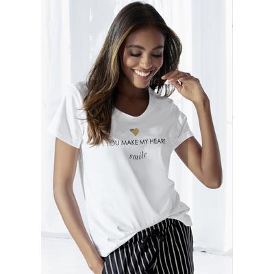 Pyjamaoberteil, Damen, Gr. 32/34, weiß, Single Jersey, Obermaterial: 100% Baumwolle, VIVANCE DREAMS BY LASCANA, Basic hüftlang, Rundhals, eingesetzt, Shirts, mit Foliendruck