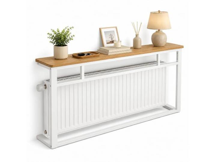 Moderner Heizung Ablage, Konsolentisch, Schmaler Flurtisch Eingangsbereich Echtholz, Stahlgestell, Passt unter Fenster, Heizkörperverkleidung, Wohnraumdekoration(Natural+White,80*20cm/31*8in)