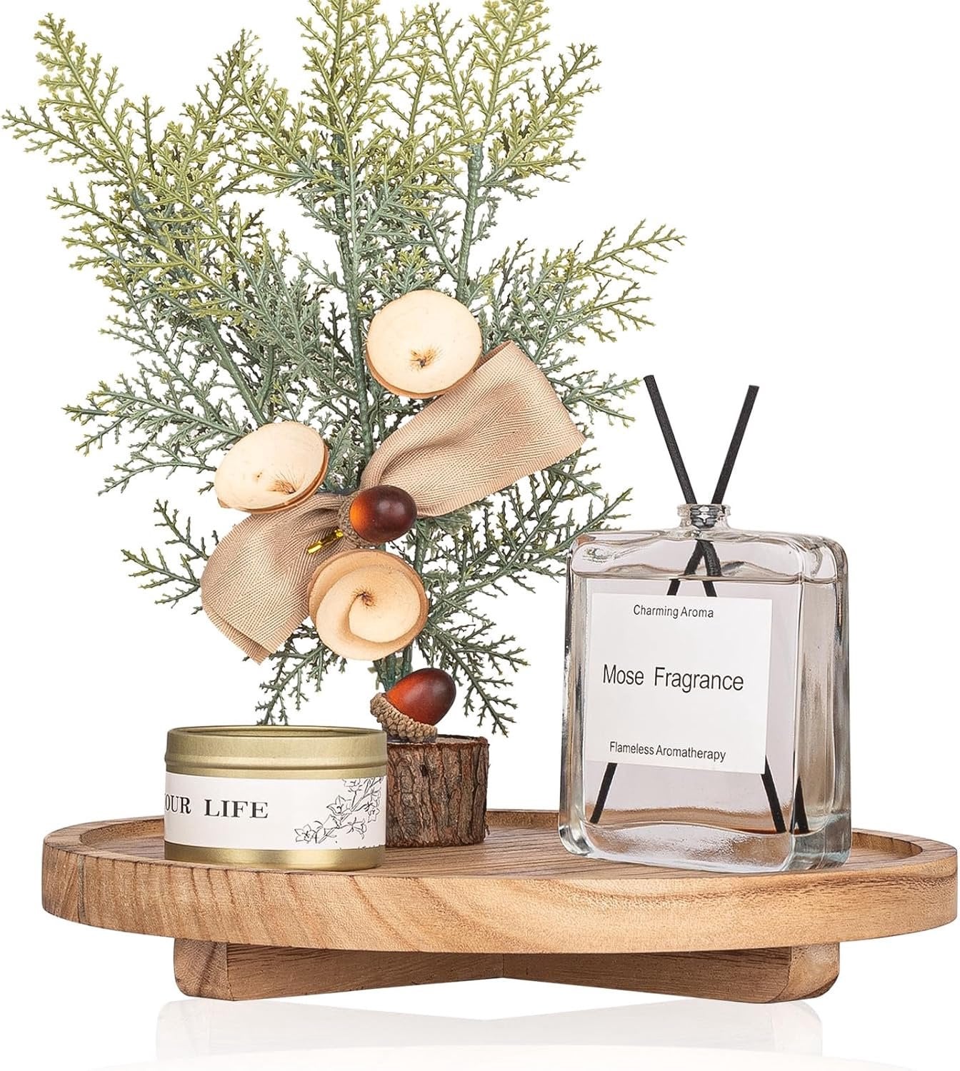 Ronde Decoratieve Houten Dienblad Bruin - Diameter: 25 cm