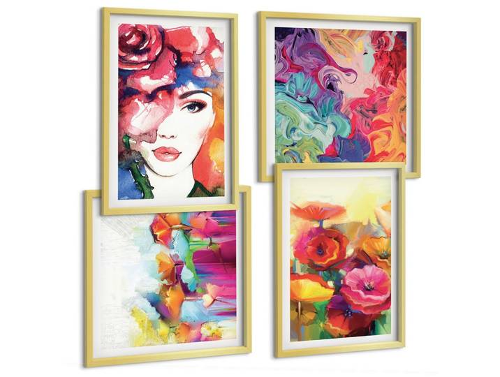 BILDER SET 4er Set - 50x50 cm & 40x60 cm Goldrahmen - Porträt von Blumen in intensiven Farben