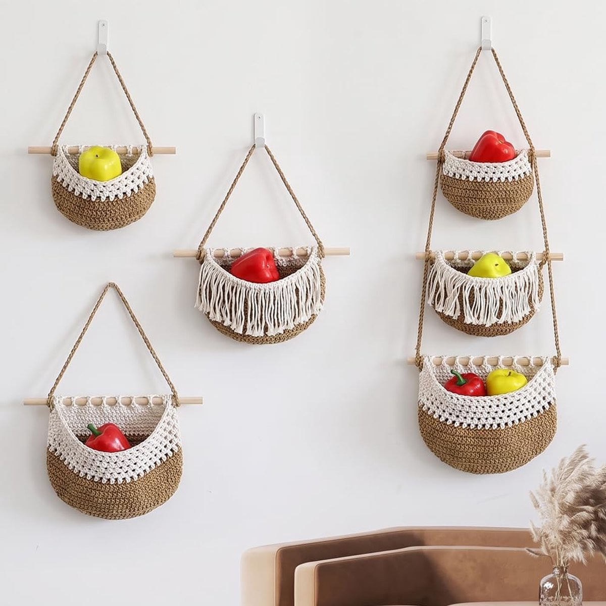 Hangende organizer voor aan de muur, 3-traps geweven katoenen fruitmand, boho-decoratie voor keuken, kinderkamer of badkamer