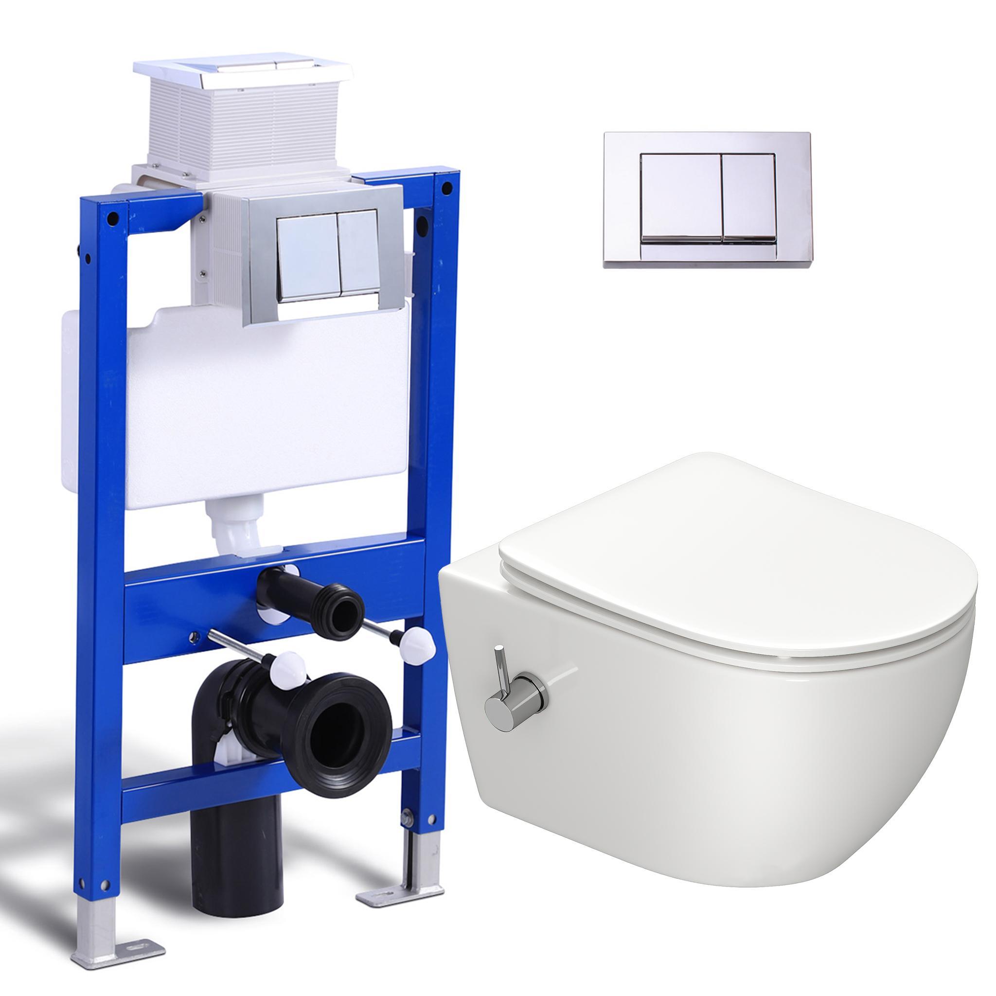 Komplett Vorwandelement Dusch WC Toilette Set - 82cm Unterputzspülkasten + Hänge Taharet WC mit Bidet Funktion + Rechteckig Chrome Drückplatte HOROW