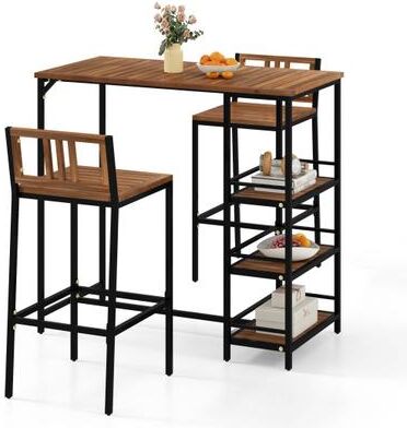 Costway 3 Pieces Outdoor Wood Bar Set with 3-Tier Storage Shelf and Metal Frame