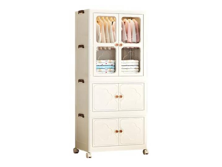SEVEN COMFORT Kleiderschrank mit 10 Kleiderbügel, ausgestattet mit drehbaren Rollen und einer Tür mit magnetischer Verriegelung, Belastung 15 kg pro Ebene, Beige (2 x Schränke + 1 x Kleiderschrank