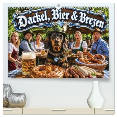 Dackel, Bier und Brezen (hochwertiger Premium Wandkalender 2027 DIN A2 quer), Kunstdruck in Hochglanz