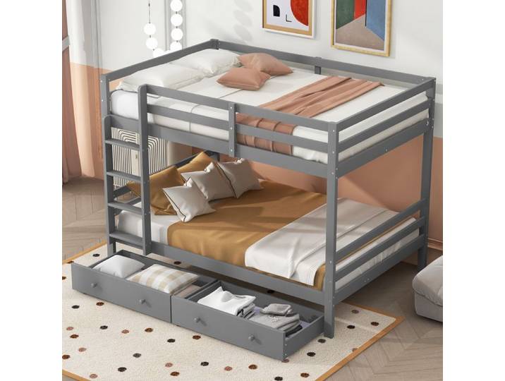 Lit superposé 140x200 cm EVRYAE Modèle en pin gris avec tiroirs et haute structure – Design épuré