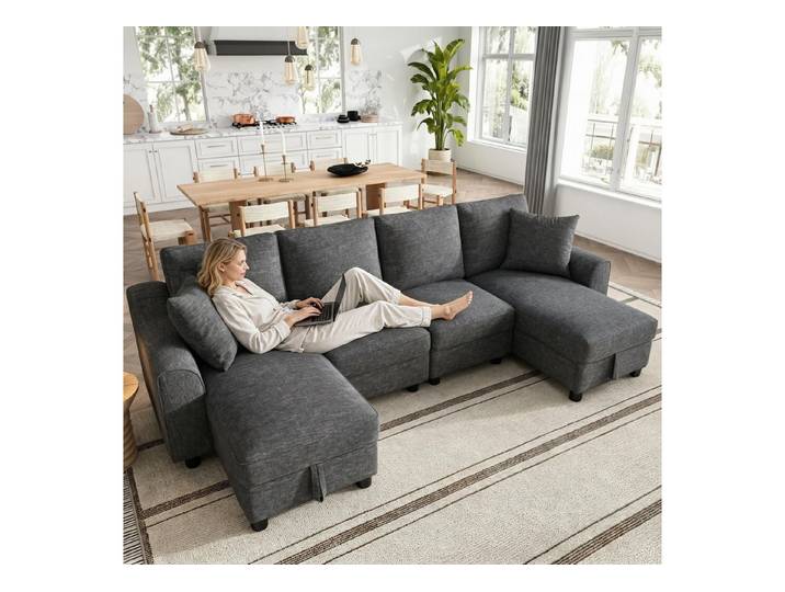 Merax Ecksofa U-Form 4-Sitzer Ecksofa, Sofa Mit 2 Bettkasten, Chenille Ecksofa, 1 Teile, Mit 2 Chaiselongues, Wohnlandschaft Mit Kissen, Modulares Soffa, Couch