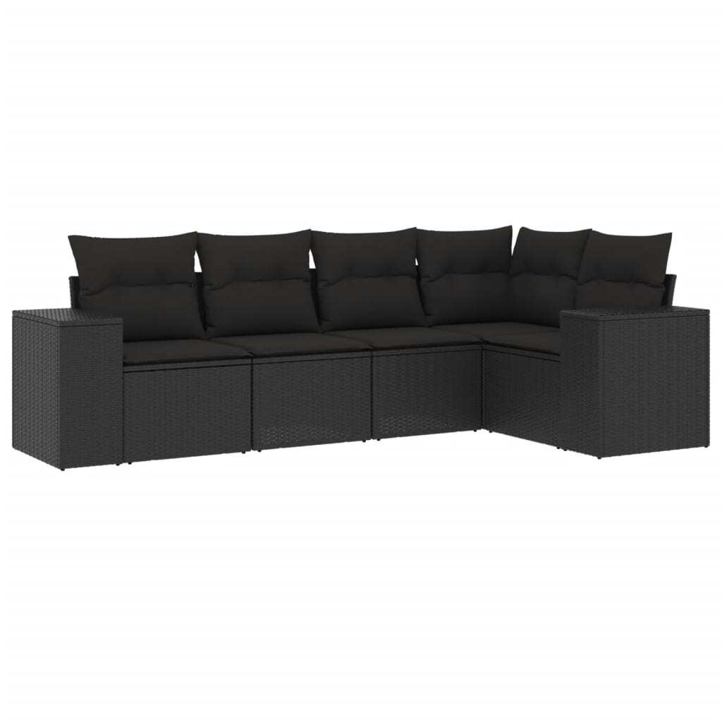 Modulares Garten-Sofa-Set, 5-teilig, mit abnehmbaren Kissen, UV-beständiges Poly Rattan und Stahl, Schwarz, für Terrasse und Garten