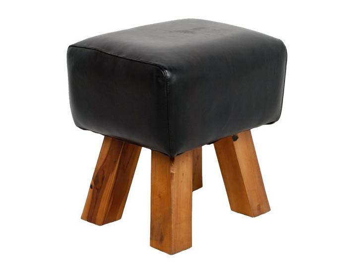 LebensWohnArt Sitzhocker Leder Hocker MAXI Schwarz 40cm Teakholz Turnbock