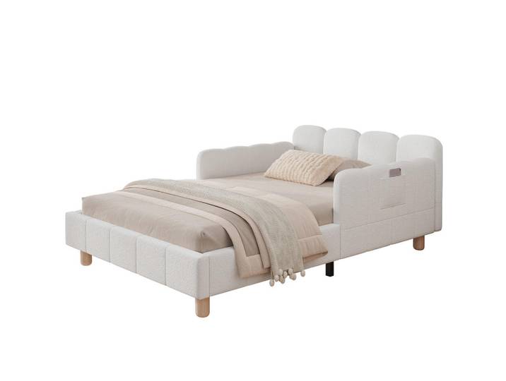 Modfu Kinderbett Bouclé 90x200 cm Beige mit Lattenrost, gepolstertem Kopfteil, flexiblen Seitenlehnen und Taschen, 90x200 cm, Babymöbel & Kindermöbel, Kinderzimmer & Jugendzimmer, Kinderbetten