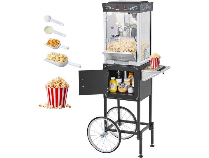 VEVOR Popcornmachine met Kar 800W Popcornmaker 48 Kopjes Zwart