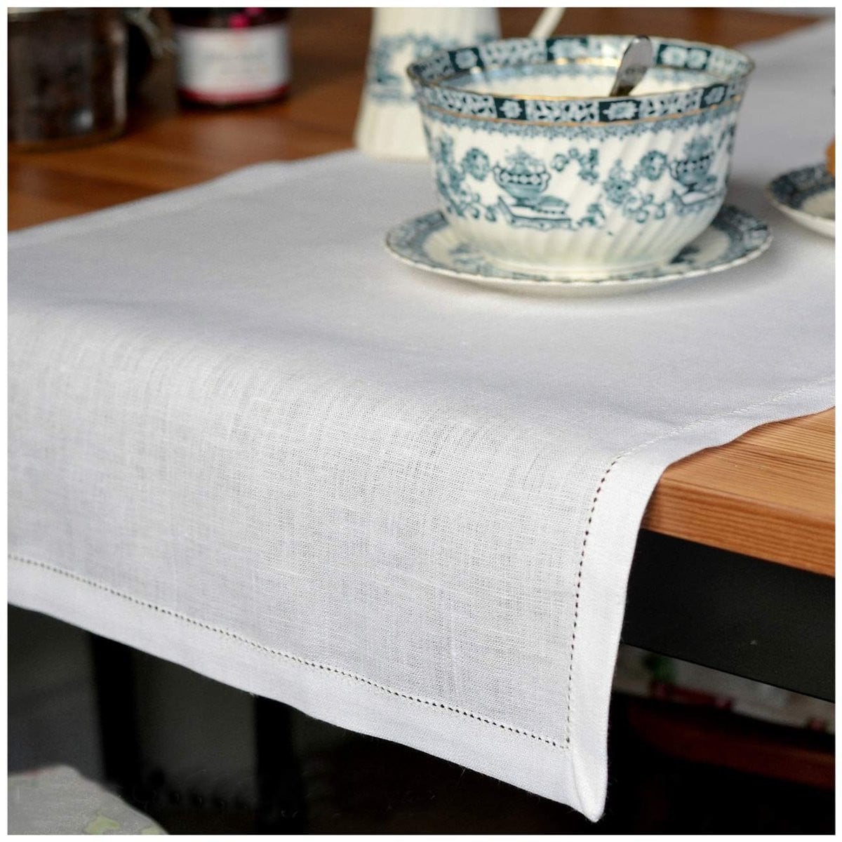 Tafelloper Florence van 100% linnen met zoomsteek, Wit, B/D: 43 x 270 cm