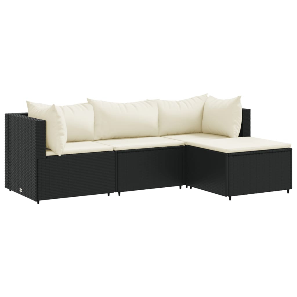 4-tlg. Garten-Lounge-Set mit Kissen Schwarz Poly Rattan