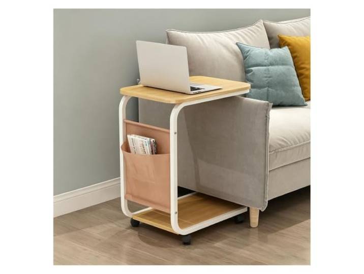 PQPQLI C-förmiger Beistelltisch, TV-Beistelltisch, Kleiner Sofatisch Nachttisch Mit Metallgestell, Für Wohn- Und Schlafzimmer, Einfache Montage(Natural)