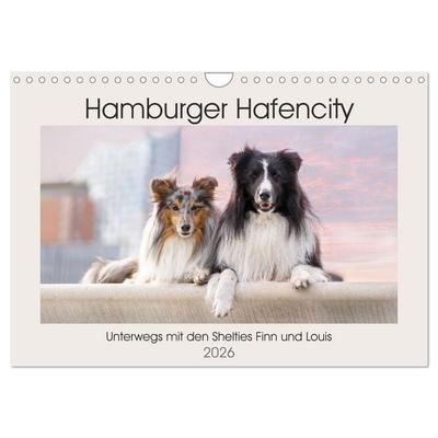 Hamburger Hafencity - Unterwegs mit den Shelties Finn und Louis (Wandkalender 2026 DIN A4 quer), CALVENDO Monatskalender