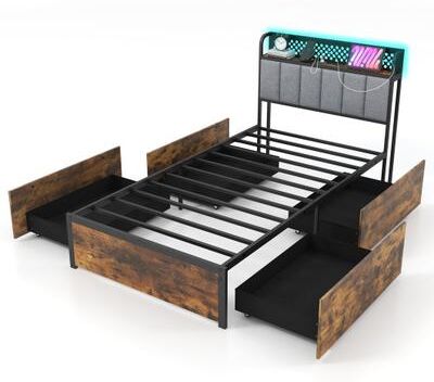 Costway Twin/Full/Queen Bed Frame with LED Lights, Upholstered Headboard and 4 Storage Drawers-Twin size